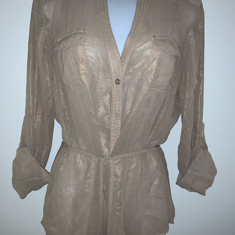 Caché sheer, gold blouse, Size M.